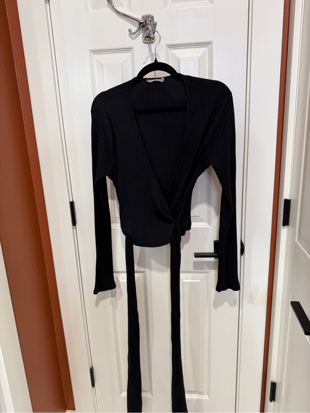 Lush Black Ribbed Long-Sleeve Wrap Crop Top with Tie